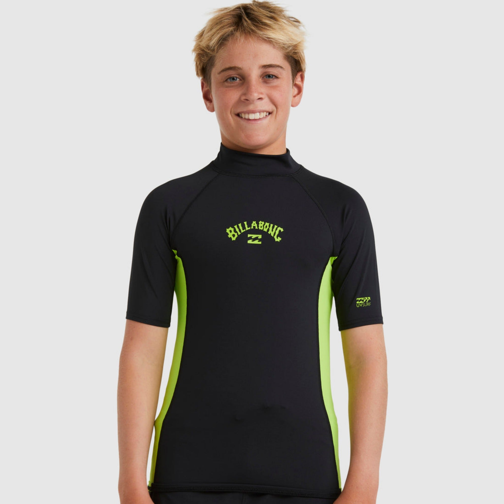 Billabong Boys Arch Short Sleeve Rash Vest Black/Lime Rapid Surf